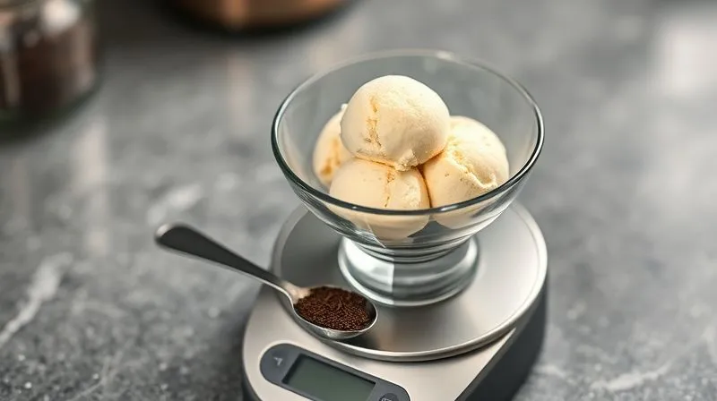 A photorealistic image of a small, elegant glass bowl filled with perfectly portioned banana ice cream, placed on a kitchen scale. A measuring spoon with a small amount of dark chocolate shavings is next to it. The scene is well-lit, sharp focus on the bowl and scale, depth of field blurring the background, 8K, professional photography.