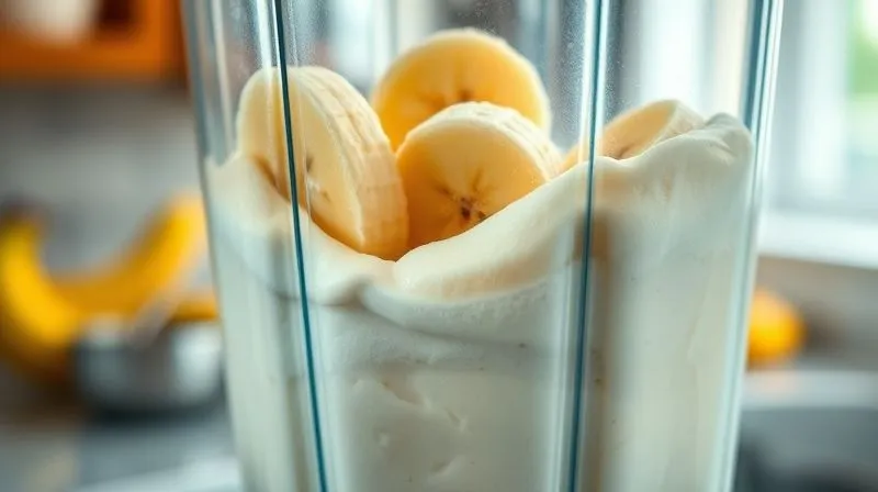 A close-up, photorealistic shot of frozen banana slices being blended in a high-speed blender, creating a creamy, smooth texture. The blades are in motion, and the ice cream is swirling. Cinematic lighting, sharp focus on the blending process, depth of field blurring the kitchen background, 8K, professional photography.