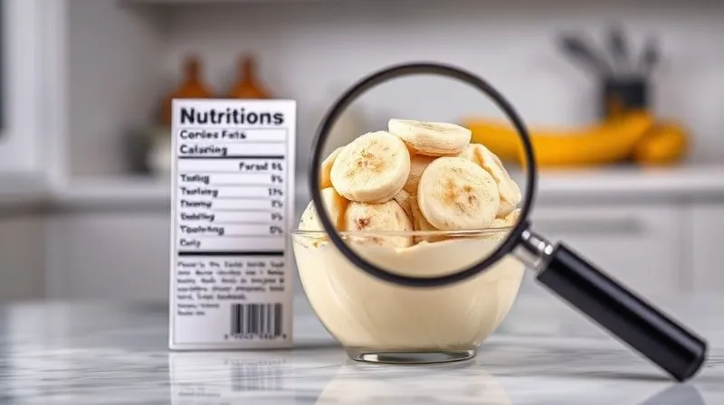 A photorealistic still life image of a small bowl of banana ice cream next to a nutrition label, with a magnifying glass hovering over the ingredients list. The background is a clean, modern kitchen. Cinematic lighting, sharp focus on the label and ice cream, depth of field, 8K, professional photography.
