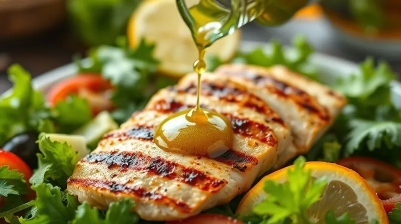 Photorealistic close-up of a vibrant green salad with grilled chicken, with a small, elegant drizzle of a light, clear vinaigrette from a glass bottle, emphasizing moderation. The background is slightly blurred, showing other fresh ingredients. Cinematic lighting, sharp focus, 8K.