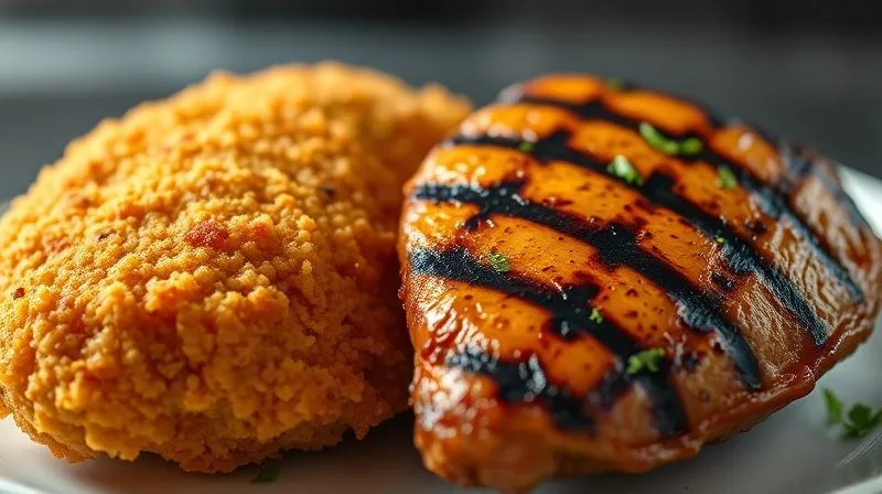 Photorealistic image of two chicken breasts side-by-side: one is golden-brown and crispy from being fried in a thick breading, the other is perfectly grilled with visible grill marks and a sprinkle of fresh herbs. Cinematic lighting, sharp focus on the contrast, 8K, depth of field.