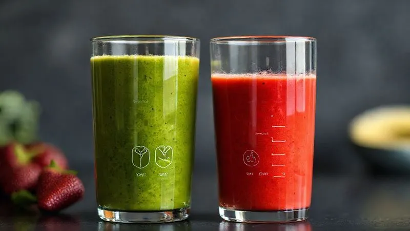 Photorealistic image of two smoothie glasses side-by-side. One smoothie is vibrant green and thick, clearly labeled with icons for protein, fiber, and healthy fats, suggesting a balanced composition. The other smoothie is bright red, thinner, and appears overly sweet, with icons for high sugar and low nutrients. Cinematic lighting, sharp focus, depth of field, 8K, professional photography, shot on a high-end DSLR.