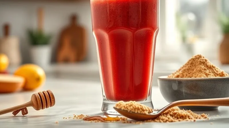 photorealistic, professional photography, 8K, cinematic lighting, sharp focus, depth of field, shot on a high-end DSLR of a vibrant smoothie glass next to a small, overflowing bowl of brown sugar and a spoonful of honey, subtly highlighting hidden sweetness. The background is a bright kitchen.