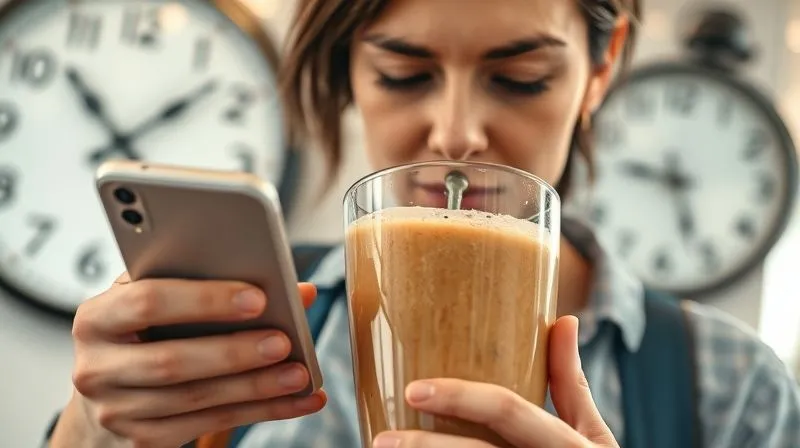 photorealistic, professional photography, 8K, cinematic lighting, sharp focus, depth of field, shot on a high-end DSLR of a person quickly gulping down a large smoothie while distracted by a smartphone, with a clock in the blurred background indicating early morning rush. Emphasize the lack of mindfulness.