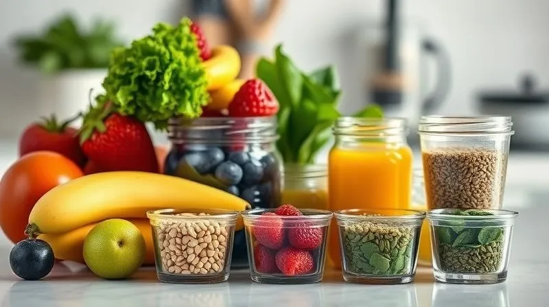 photorealistic, professional photography, 8K, cinematic lighting, sharp focus, depth of field, shot on a high-end DSLR of neatly organized, pre-portioned smoothie ingredients (fruits, greens, seeds in small containers) on a kitchen counter, ready for blending. It conveys a sense of preparedness and healthy routine.