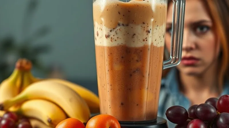 Photorealistic, professional photography, 8K, cinematic lighting, sharp focus, depth of field, shot on a high-end DSLR. A blender overflowing with a colorful, overly sweet-looking fruit smoothie, with a pile of various fruits (banana, mango, grapes) next to it, suggesting excess. A subtle, concerned expression on a person's face in the background, out of focus. Emotive mood of slight regret or overindulgence.