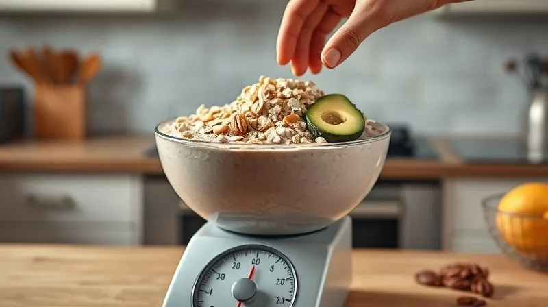 Photorealistic, professional photography, 8K, cinematic lighting, sharp focus, depth of field, shot on a high-end DSLR. A kitchen scale with a large bowl of oat smoothie ingredients (e.g., a huge scoop of peanut butter, an entire avocado, a mountain of nuts) on it, illustrating excessive portion sizes. A hand is reaching out to add even more, with a look of unawareness. Emotive mood of unaware overconsumption.