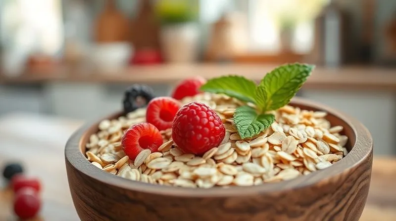 Photorealistic, professional photography, 8K, cinematic lighting, sharp focus, depth of field, shot on a high-end DSLR. A close-up of high-quality, organic rolled oats in a wooden bowl, next to fresh, vibrant berries and a sprig of mint, all bathed in soft, natural light, emphasizing purity and freshness. A blurred background of a sunlit kitchen. Emotive mood of wholesome goodness and natural purity.