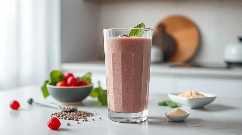 Photorealistic, professional photography, 8K, cinematic lighting, sharp focus, depth of field, shot on a high-end DSLR. A perfectly balanced, vibrant oat smoothie in a stylish glass on a minimalist kitchen counter, surrounded by perfectly portioned, fresh ingredients (e.g., a small bowl of berries, a spoon of chia seeds, a scoop of protein powder, a few spinach leaves). The scene radiates health, balance, and success. Emotive mood of achievement and well-being.