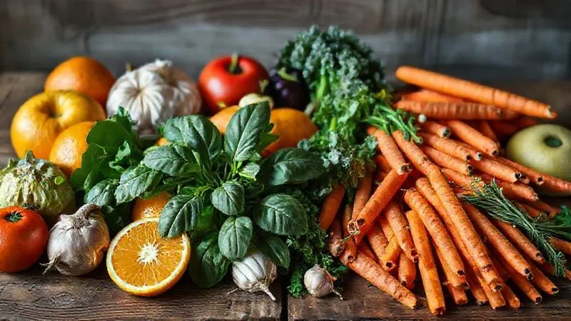 Photorealistic image of various fruits and vegetables neatly arranged on a rustic wooden table, with some ingredients looking harmonious (e.g., oranges with spinach, ginger, carrots) and others looking mismatched or piled up in a chaotic way, symbolizing good vs. bad ingredient combinations. Professional photography, 8K, cinematic lighting, sharp focus on the harmonious ingredients, depth of field. A sense of balance and thoughtful choice versus disarray.