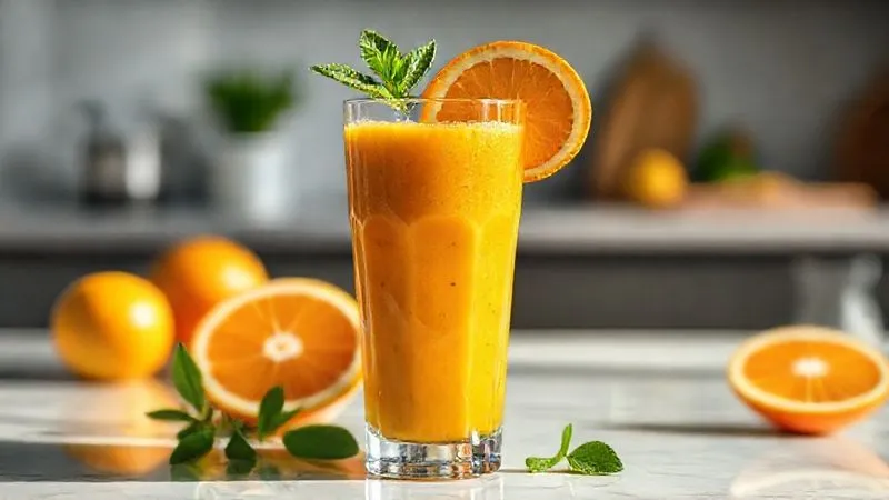 Photorealistic image of a perfectly blended, vibrant orange and green smoothie in an elegant glass, garnished with a slice of orange and a sprig of mint. It looks refreshing, healthy, and perfectly portioned, sitting on a clean, minimalist kitchen counter with natural light. Professional photography, 8K, cinematic lighting, sharp focus, depth of field, conveying health and freshness.