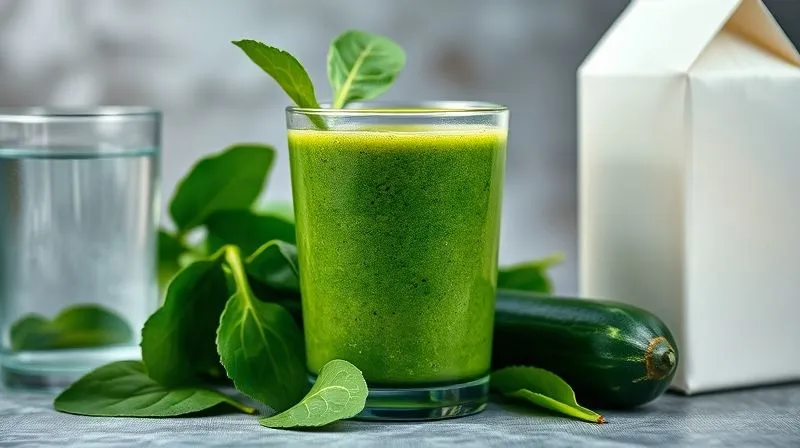 Photorealistic image of a vibrant, green smoothie with spinach and cucumber, next to a glass of water and a carton of unsweetened almond milk, emphasizing healthy liquid bases. Cinematic lighting, sharp focus, depth of field, 8K, professional photography.