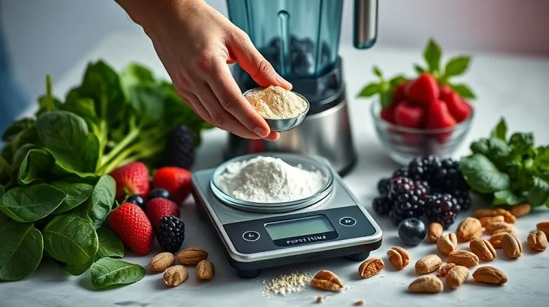 Photorealistic image of a dietitian's hand using a scale to measure a scoop of protein powder, with various balanced ingredients like spinach, berries, and nuts laid out around a blender. Cinematic lighting, sharp focus, depth of field, 8K, professional photography.