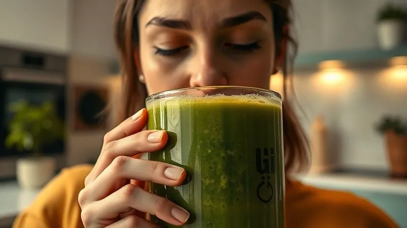 Photorealistic image of a person slowly sipping a thick, textured green smoothie through a reusable straw, looking mindful and relaxed, with a blurred background of a modern kitchen. Cinematic lighting, sharp focus, depth of field, 8K, professional photography.