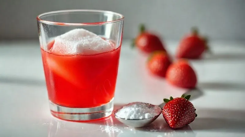 A close-up, photorealistic image of a sugar cube slowly dissolving in a glass of vibrant red strawberry juice, with a measuring spoon full of sugar next to it on a clean white surface. Cinematic lighting, sharp focus, 8K, shot on a high-end DSLR.