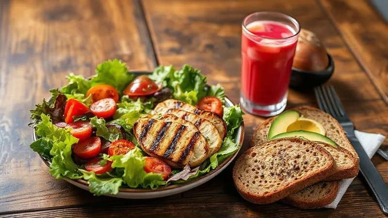 A photorealistic image of a perfectly balanced healthy meal on a rustic wooden table: a vibrant salad with grilled chicken, a small glass of fresh strawberry juice, whole-grain bread, and avocado slices. Cinematic lighting, sharp focus, depth of field, 8K, shot on a high-end DSLR.