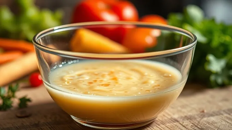 Photorealistic image of a transparent glass bowl with a rich, creamy sauce, with small sugar crystals and oil droplets visibly suspended within, illuminated by dramatic, cinematic lighting to highlight the hidden caloric density. In the background, a blur of healthy kasza and vegetables. Shot on a high-end DSLR, 8K, sharp focus on the sauce, depth of field.