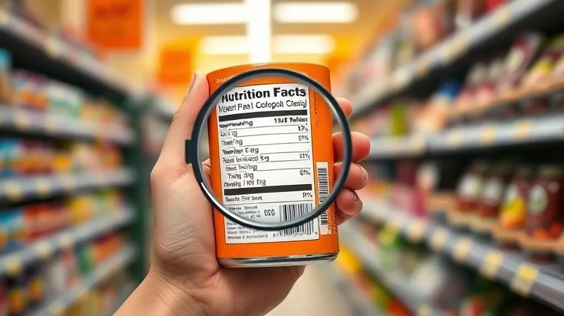 Photorealistic image of a person's hand holding a food product, with the other hand holding a magnifying glass intently focused on the nutritional information and ingredient list on the label. The background is a softly blurred supermarket aisle, emphasizing conscious consumer choice. Cinematic lighting, 8K, sharp focus on the label and magnifying glass, depth of field.