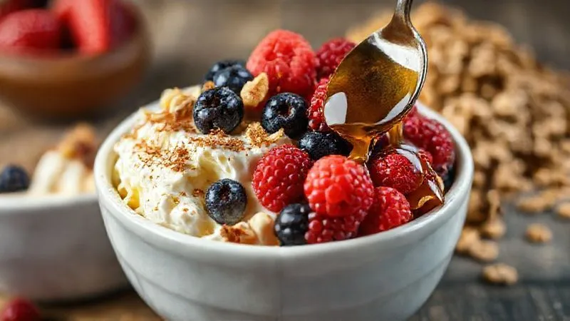 A photorealistic image of two bowls of cottage cheese side-by-side. One bowl is overflowing with colorful fresh berries, chopped nuts, and a sprinkle of cinnamon, looking vibrant and healthy. The other bowl, slightly blurred in the background, has a spoonful of dripping honey and a pile of sugary granola, symbolizing hidden pitfalls. Professional photography, 8K, cinematic lighting, sharp focus on the healthy bowl, depth of field, shot on a high-end DSLR.