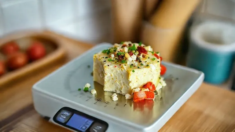 A photorealistic image of a kitchen scale weighing a generous portion of protein cottage cheese with various healthy toppings. The scale display clearly shows an unexpectedly high calorie count, highlighting the "healthy overeating" pitfall. Professional photography, 8K, cinematic lighting, sharp focus on the scale and food, depth of field, shot on a high-end DSLR.