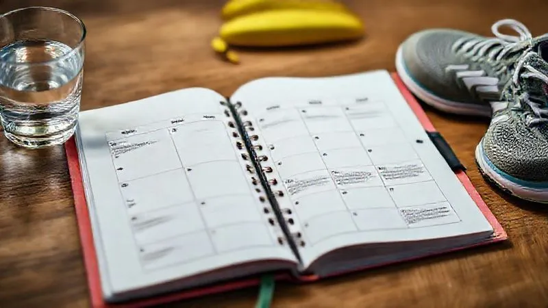 A photorealistic image showing a daily planner open to a page with a meticulously planned healthy meal schedule, including breakfast with protein cottage cheese, next to a glass of water and a pair of running shoes, symbolizing a holistic approach to weight loss. Professional photography, 8K, cinematic lighting, sharp focus on the planner, depth of field, shot on a high-end DSLR.