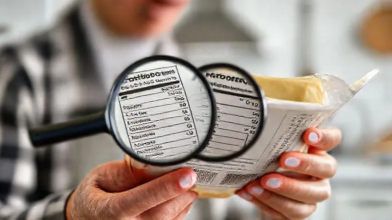 A photorealistic image of a person reading a nutrition label on a package of cottage cheese, with a magnifying glass highlighting the protein and fat content. The background is a clean, modern kitchen setting. Professional photography, 8K, cinematic lighting, sharp focus on the label, depth of field, shot on a high-end DSLR.