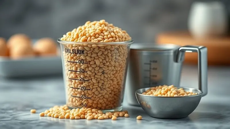 A photorealistic image of a measuring cup overflowing with cooked buckwheat next to a smaller, sensible portion, with a calorie counter overlay in soft focus, cinematic lighting, sharp focus