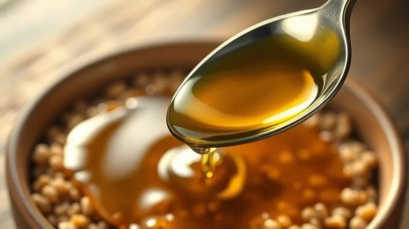 A close-up photorealistic image of a spoonful of olive oil being poured into a buckwheat bowl, with the oil shimmering excessively, emphasizing the quantity, cinematic lighting, sharp focus