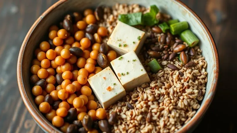 A photorealistic image of a balanced vegetarian buckwheat bowl, clearly showing ingredients like lentils, tofu, and seeds mixed with buckwheat, emphasizing protein content, cinematic lighting, sharp focus