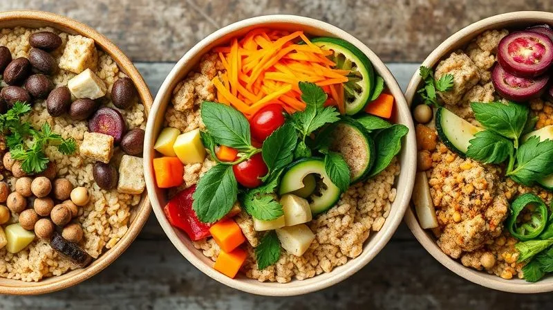 A vibrant, photorealistic image of three different, colorful vegetarian buckwheat bowls, each with unique ingredients like various vegetables, herbs, and protein sources, showcasing diversity, cinematic lighting, sharp focus
