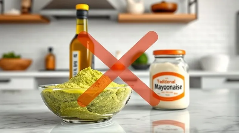 Photorealistic image of a kitchen counter with a bowl of vibrant green avocado paste. Next to it, a bottle of extra virgin olive oil and a jar of traditional mayonnaise are clearly visible, but with a subtle, transparent red "X" overlaying them, indicating avoidance. The background is a clean, modern kitchen with cinematic lighting, sharp focus on the ingredients, 8K, professional photography.