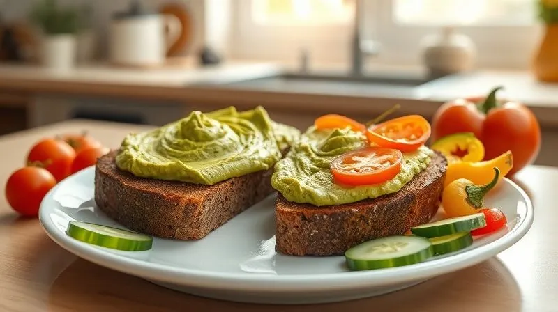 Photorealistic image of a healthy breakfast plate. On the plate, a vibrant green avocado paste is spread generously on two slices of dark, whole-grain sourdough bread. Around the toast, there are fresh, colorful vegetables such as cherry tomatoes, cucumber slices, and bell pepper sticks. The background is a clean, sunny kitchen counter, with a blurred natural light coming from a window. Sharp focus on the food, 8K, professional photography, shot on a high-end DSLR.