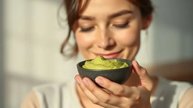 Photorealistic image of a person mindfully eating a small, elegantly presented bowl of avocado paste. Their eyes are softly closed, a gentle smile on their face, conveying a sense of peace and contemplation. The setting is minimalist and serene, with soft, natural light illuminating the scene. The focus is sharp on the person's expression and the bowl, with a blurred, tranquil background. 8K, professional photography, shot on a high-end DSLR, emphasizing inner calm and sensory experience.