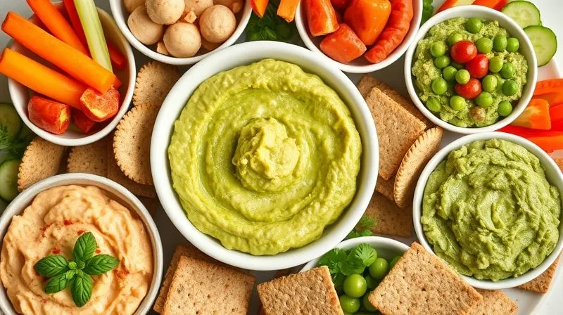 Photorealistic image of a vibrant, diverse platter of various healthy vegan spreads and dips. In the center, a bowl of avocado paste, surrounded by smaller bowls of hummus, roasted red pepper dip, and a green pea spread. Fresh vegetable sticks (carrots, cucumbers, bell peppers) and whole-grain crackers are arranged artfully around the dips. The scene is bright and inviting, with soft natural light, sharp focus on the food variety, 8K, professional photography.