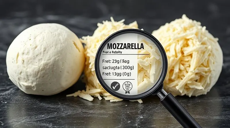 photorealistic image of three different types of mozzarella (fresh ball, pre-shredded, light version) clearly labeled, with a magnifying glass over the nutritional information, cinematic lighting, sharp focus, 8K.