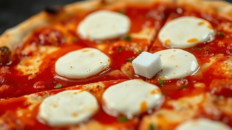 photorealistic image of a delicious-looking low-carb pizza slice with mozzarella, but with a small, almost invisible sugar cube hidden in the tomato sauce, and a calorie counter icon overlay, cinematic lighting, sharp focus, 8K.