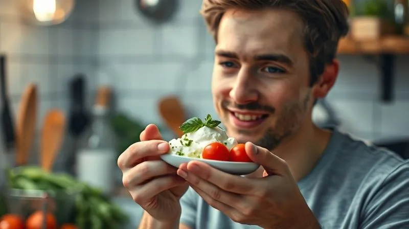 photorealistic image of a person mindfully eating a small, healthy portion of mozzarella with fresh basil and cherry tomatoes, looking content and focused, with a blurred background of a chaotic kitchen, cinematic lighting, sharp focus, 8K.