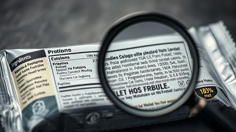 A photorealistic close-up of a protein bar wrapper with a magnifying glass highlighting a complex, hard-to-read ingredient list, cinematic lighting, sharp focus, depth of field, 8K, shot on a high-end DSLR.