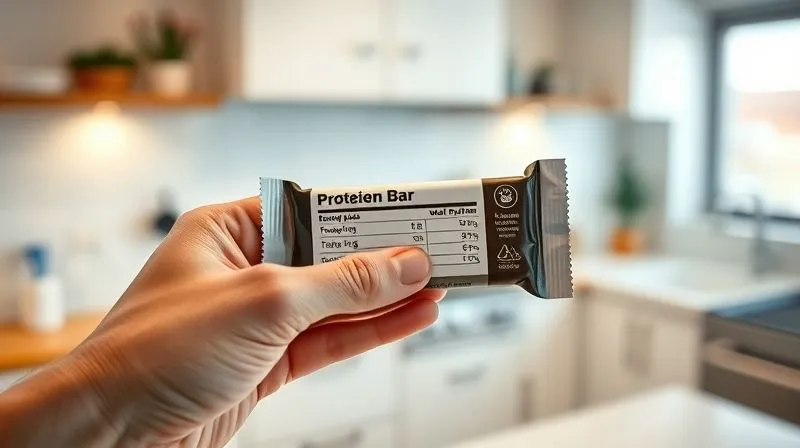 A photorealistic image of a person's hand holding a protein bar, with the other hand pointing to the nutrition label with a focused expression, bright and clean kitchen background, cinematic lighting, sharp focus, depth of field, 8K, shot on a high-end DSLR.