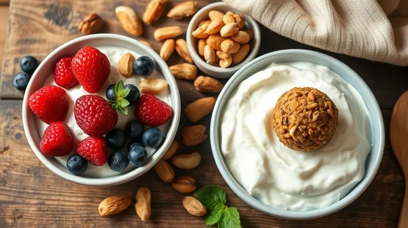 A beautifully arranged flat lay of healthy, homemade protein snack alternatives: a bowl of Greek yogurt with berries, a handful of mixed nuts, and a homemade protein ball, on a rustic wooden table, natural light, sharp focus, depth of field, 8K, shot on a high-end DSLR.