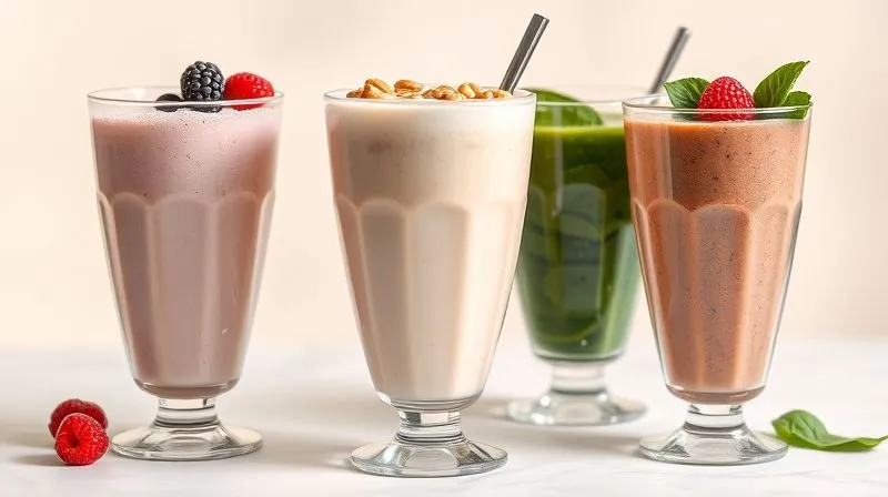 A photorealistic image showing three distinct, professionally prepared protein smoothies in elegant glasses, each representing a different protein type. One is a light, frothy whey protein smoothie with berries, another a thicker, creamy casein smoothie with nuts, and the third a green, plant-based protein smoothie with spinach and fruit. All are on a clean, light background with soft, natural light, emphasizing their texture and ingredients. Sharp focus on the smoothies, depth of field blurring the background, 8K hyper-detailed, professional photography, shot on a high-end DSLR.