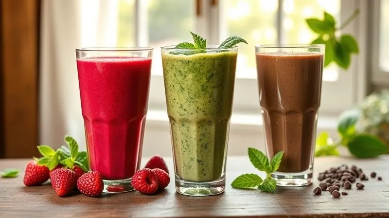 A photorealistic image of three different, vibrantly colored protein smoothies, each in a unique, stylish glass, arranged on a rustic wooden table. One is a deep red berry smoothie, another a creamy green spinach and banana blend, and the third a rich chocolatey concoction. Fresh ingredients like berries, mint leaves, and cocoa nibs are scattered around the glasses, enhancing the visual appeal. Soft, dappled sunlight streams in from a window, creating a warm, inviting atmosphere. Sharp focus on the smoothies, depth of field blurring the background, 8K hyper-detailed, professional photography, shot on a high-end DSLR.