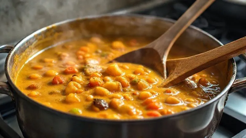 A close-up shot of a creamy, rich vegetable curry simmering gently in a large pot on a stovetop, with steam rising. The ingredients like sweet potato chunks, chickpeas, and various colorful vegetables are clearly visible, bathed in a golden sauce. A wooden spoon is gently stirring the curry. photorealistic, professional photography, 8K, cinematic lighting, sharp focus on the simmering curry, depth of field blurring the background, shot on a high-end DSLR.