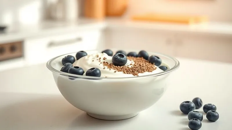 A photorealistic, professional photography shot of a perfectly portioned breakfast bowl with natural Greek yogurt, fresh blueberries, a sprinkle of chia seeds, and a scoop of vanilla whey protein powder. The bowl is placed on a clean, light-colored kitchen counter with soft, inviting morning light. Sharp focus on the yogurt bowl, with a gentle depth of field. 8K hyper-detailed, shot on a high-end DSLR.