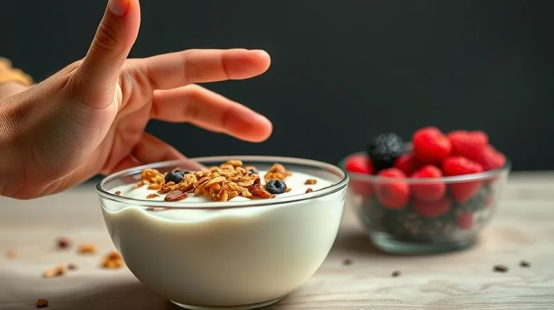 A photorealistic, professional photography shot of a person's hand reaching for a bowl of natural yogurt with an excessive amount of sugary granola and dried fruit, contrasted with a smaller, balanced bowl of yogurt with fresh berries and chia seeds in the background. The lighting is harsh on the unhealthy option, soft on the healthy one. Sharp focus on the hand, depth of field. 8K hyper-detailed, shot on a high-end DSLR.
