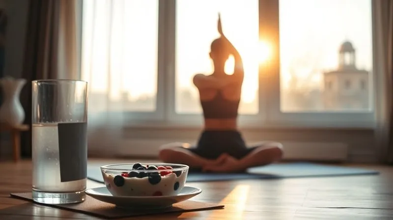 A photorealistic, professional photography shot of a serene morning scene. A person is performing gentle yoga stretches on a mat near a window, with a glass of water and a healthy breakfast bowl (yogurt with berries) visible on a nearby table. Soft, warm cinematic lighting. Sharp focus on the person, with depth of field blurring the background. The scene evokes peace, health, and a balanced lifestyle. 8K hyper-detailed, shot on a high-end DSLR.