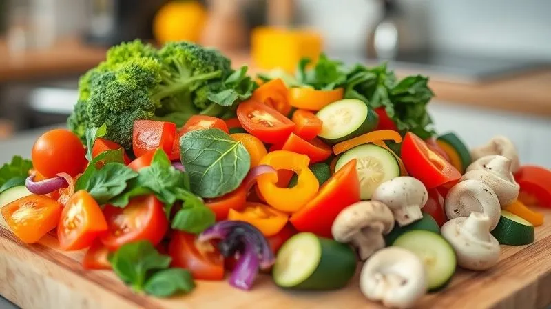A vibrant, photorealistic professional photography shot of a colorful medley of fresh, chopped vegetables (broccoli florets, spinach leaves, cherry tomatoes, sliced zucchini, bell peppers in various colors, mushrooms) ready to be cooked, arranged artfully on a wooden cutting board in a well-lit kitchen. 8K, cinematic lighting, sharp focus, depth of field, shot on a high-end DSLR.