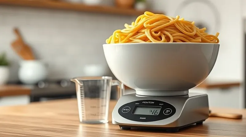 A photorealistic professional photography shot of a perfectly portioned bowl of cooked whole-wheat pasta on a kitchen scale, next to a standard measuring cup, demonstrating mindful portion control. The background is a clean, modern kitchen with soft, natural lighting. 8K, cinematic lighting, sharp focus on the pasta and scale, depth of field, shot on a high-end DSLR.