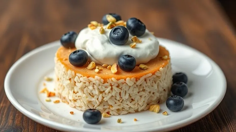 Photorealistic, professional photography, 8K, cinematic lighting, sharp focus, depth of field, shot on a high-end DSLR image of a rice cake topped with creamy Greek yogurt, fresh blueberries, and a sprinkle of chopped pistachios, presented elegantly on a minimalist white plate.