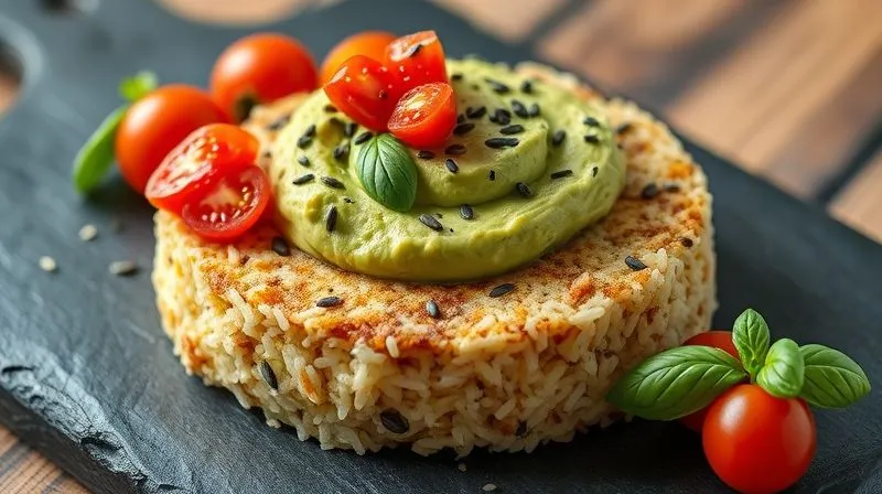 Photorealistic, professional photography, 8K, cinematic lighting, sharp focus, depth of field, shot on a high-end DSLR image of a savory rice cake topped with creamy mashed avocado, cherry tomatoes, a sprinkle of black sesame seeds, and fresh basil, artfully arranged on a dark slate board.